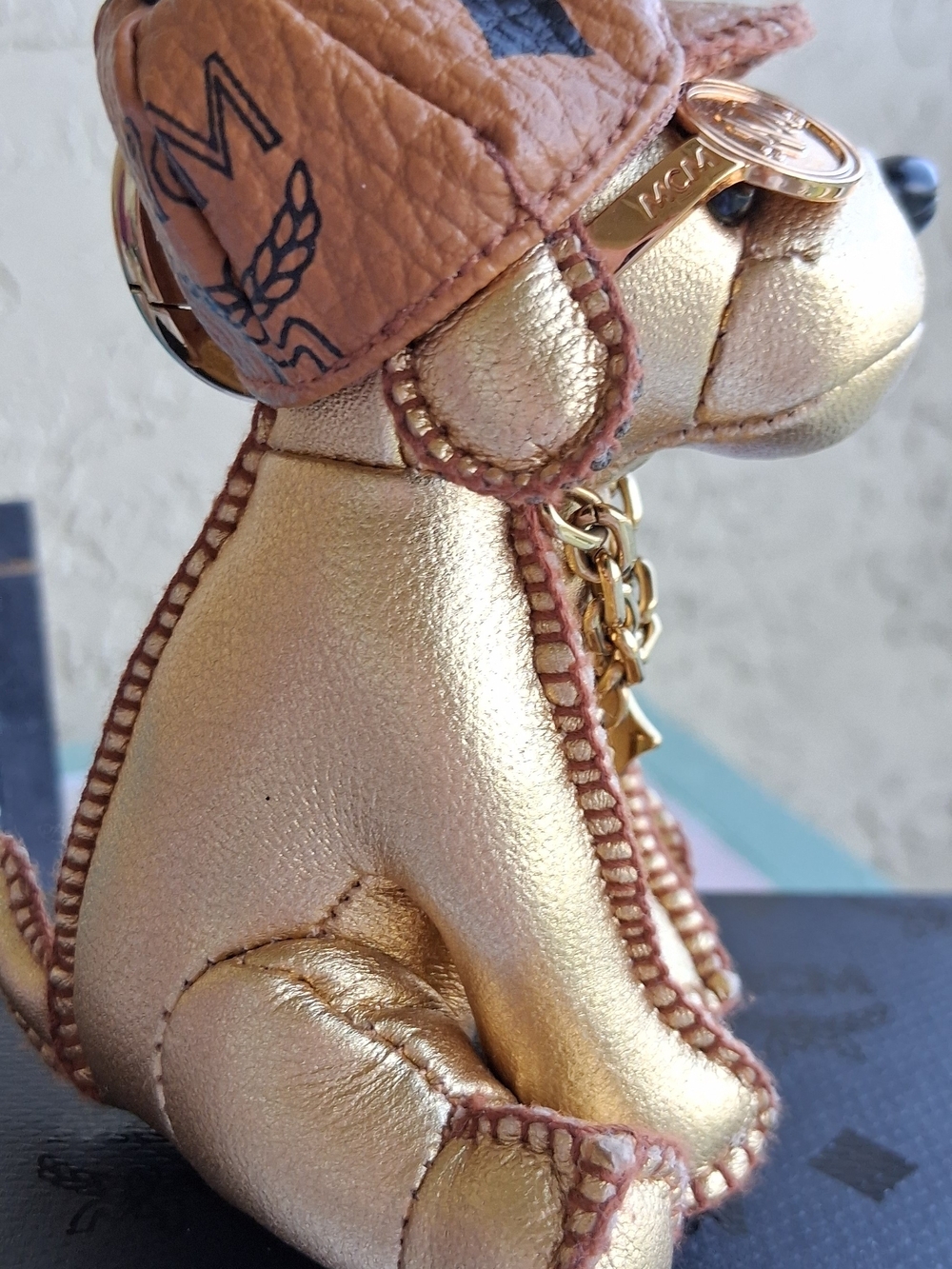 MCM Gold Leather Dog Key Charm with Sunglasses - Picture 8 of 11